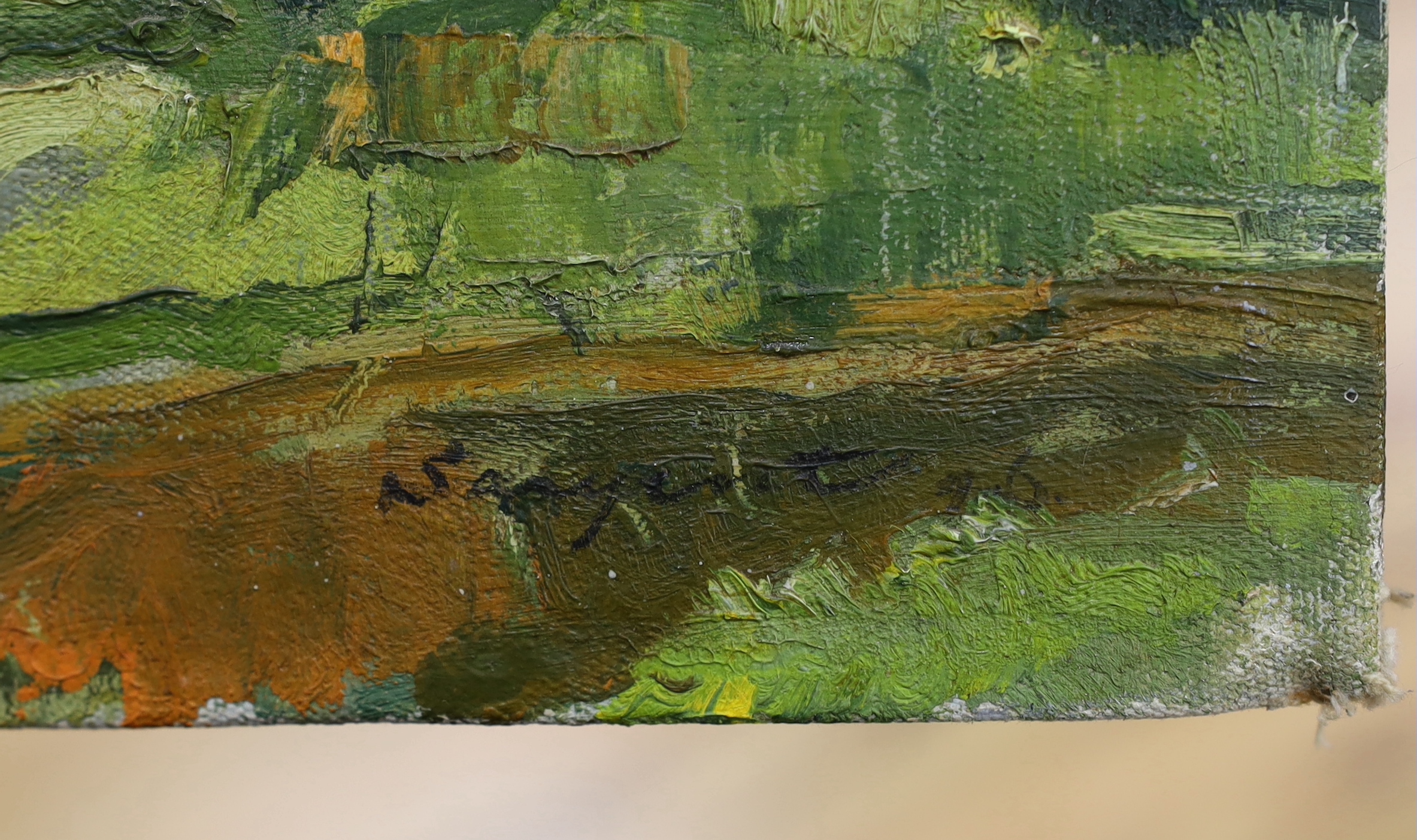 French School, oil on canvas board, Mountainous landscape, indistinctly signed, 30 x 41cm, unframed